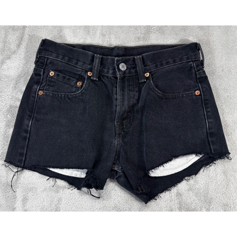 Levis 550 Denim Shorts Womens 12 Reg 26 Black Excellent Frayed Raw Hem Cutoff